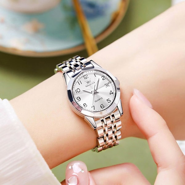 Dames Klassisk Rustfrit Stål Armbåndsur Elegant Analog Kvartsur Kvinder Vandafvisende Ur Lysende Dato Kalender Ur Hvid White