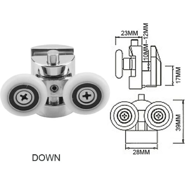Sett med 4 doble hjul - For skyvedusjdører, 2 hjul 23 mm diameter sinklegering baderom