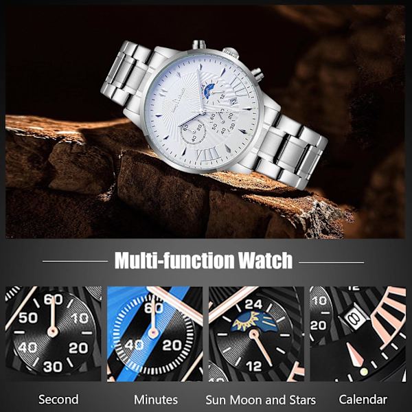 Monitoiminen miesten kello Business Analog Quartz Watch Sports Chronograph Rannekello 3ATM Luminoiva kello, Hopea Valkoinen C, L