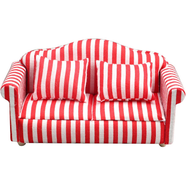 Nukkekodin sohva ja nojatuolisetti - 1:12 mittakaava Punainen ja valkoinen raidallinen miniatyyrihuonekalulelu RED double sofa