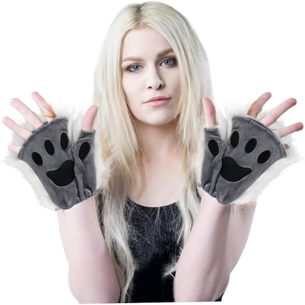 Therian Paws, Kattepote 1 Par Halvfinger Therian Paws Søde broderede pels poter Dekorative realistiske potehandsker til børn voksne cosplay scene, sort Grå