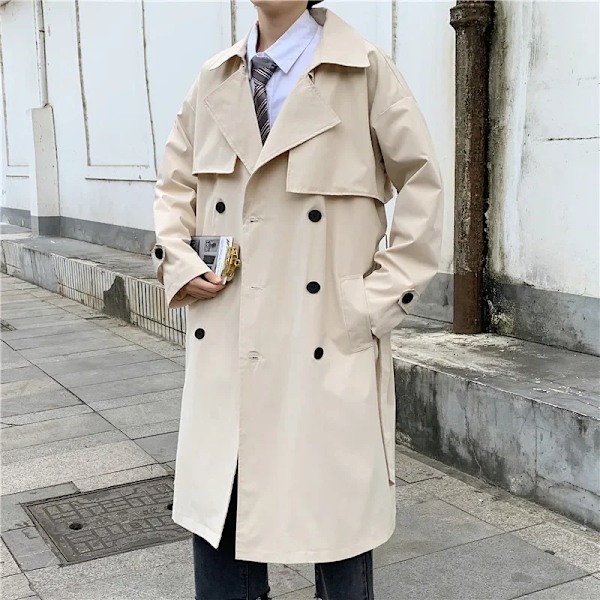 2023 Forår Efterår Mænd Løs-Fit Trenchcoat Stilfuld Hong Kong Stil Dobbelt-Bryst Lukning Mellem Lang Frakke Khaki 2XL