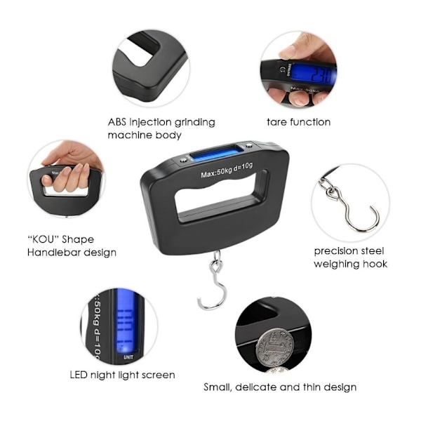 Elektronisk badrumsvåg Bagagevåg upp till 50 kg Bärbar digital badrumsvåg för transport av bagage (med rem)