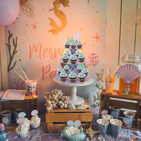 Sjöjungfru Cupcake Stativ 3-nivå Kartong Cupcake Stativ för Baby Sho