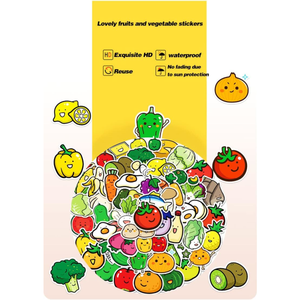 CQBB Frukt- och grönsaksdekaler för barn 50st vattentäta vinyldekaler för vattenflaskor, kylskåpsbagage, datormobiltelefon, skateboarddekor
