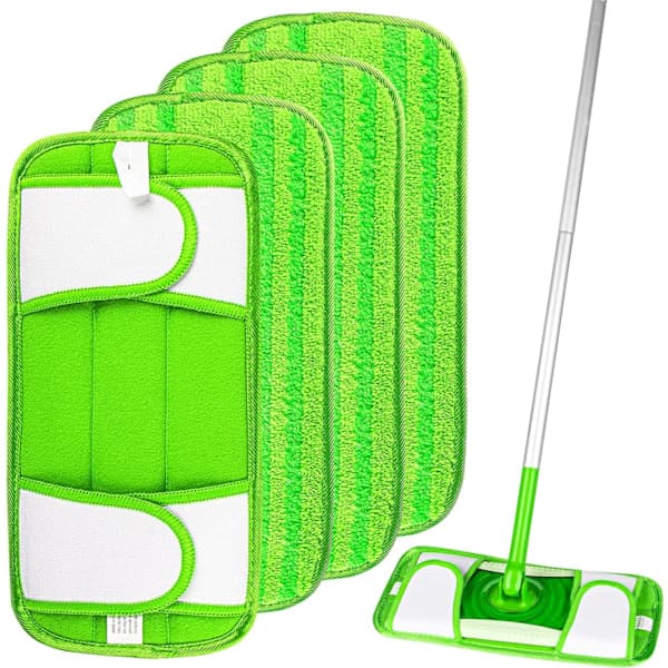 4-pak genanvendelige mikrofiber moppepuder til Swiffer Sweeper, vaskbare våd- og tørgulvreffiller, grøn 29,5 x 14 CM