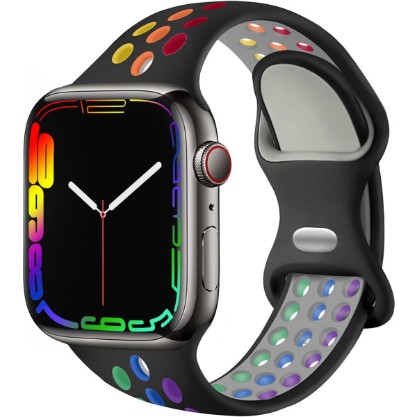 CQBB Kompatibel med Apple Watch Band Herr Damer, Andas Silikon Sport Ersättningsarmbandsrem för storlek: 42/44/45/49 mm/Black&Rainbow