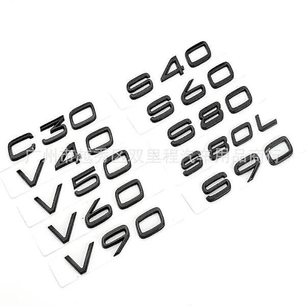 3D svarta bilbokstäver för Volvo C30 V40 V50 V60 V90 S40 S60 S80 S90 Xc40 Xc60 Xc90 Emblem Logotyp Badge Sticker Tillbehör V40 V40 Glossy Black