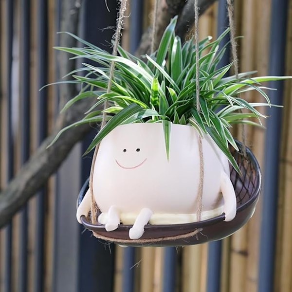 Hanging Face and Swing Flower Pots, Funny Hanging Head Flower Pot Swing Face Flower Pot, Resin Planter Decoration Cute Smiling Face Flower Pot