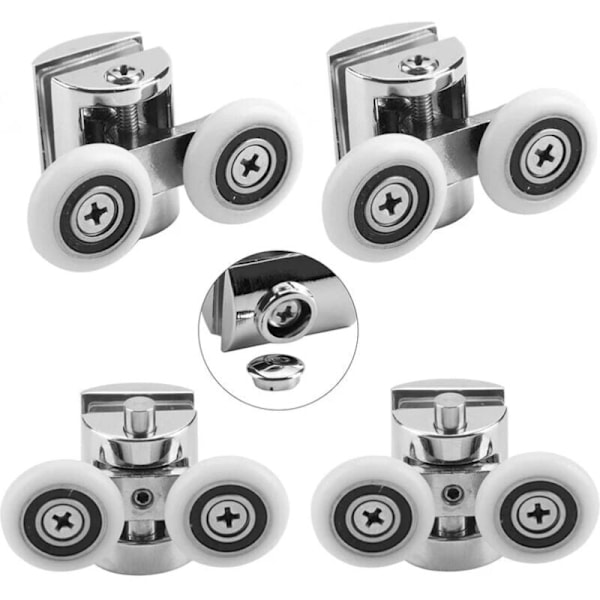 Sett med 4 doble hjul - For skyvedusjdører, 2 hjul 23 mm diameter sinklegering baderom