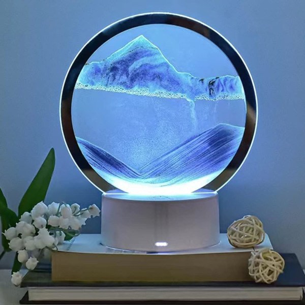 Målarlampa för flytande sand, dynamisk sandkonst, 3D-naturlig landskapsglas i kvicksandsram, flytande timglas, heminredningslampa, arbetsdekor (blå)