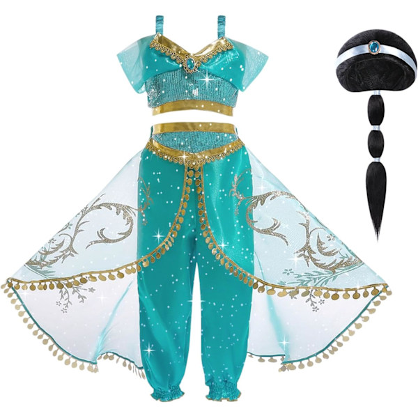 Jasmine Prinsesse Kostyme, Fint Antrekk med Parykk for Jenter Cosplay & Bursdagsfester 100CM