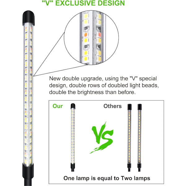 2-pack LED-växtlampa, 320 LED, Fullspektrum, Timer, Justerbar Ljusstyrka för Inomhusväxter