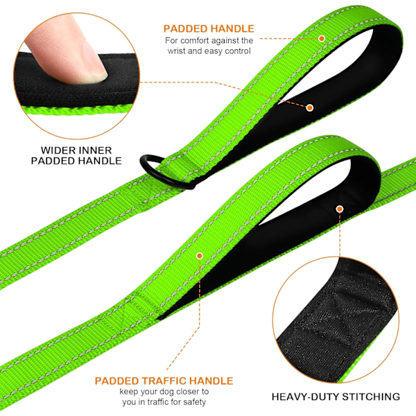 Solid Hundeleie med Dobbelt Håndtak, Refleks for Trafikkontroll, 1,5 Meter, Grønn Green 5 ft 2 Handle