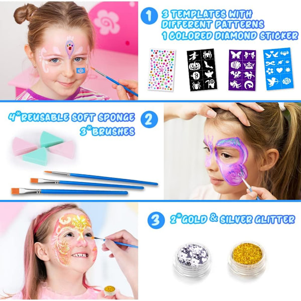 Ansiktsmålningssats för barn, 16 färger palett med glitter, schabloner, penslar för Halloween