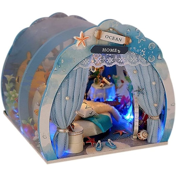 Ocean Tunnel Dollhouse With Furniture Led Light Kit Diy Miniature Wood Dolls House Romantic Art Hand Craft Kid Christmas Birthday Present House Model