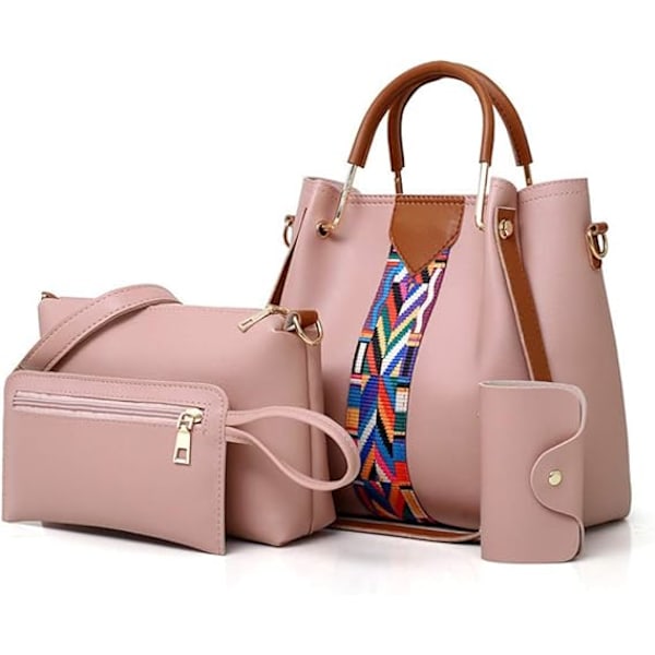 Damhandväska Set 4 i 1 Mjuk PU Läder Topphandtag Väska, Tote Väska, Axelväskor Crossbody Väska Plånbok Väska Set Rosa Pink