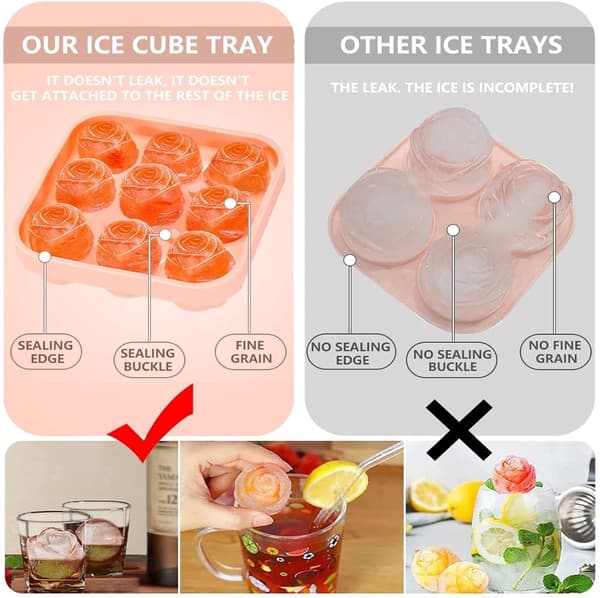 Silikonrosisbitsform, BPA-fri 9-håls 3D-form med lock för cocktails, drycker och desserter, rosa