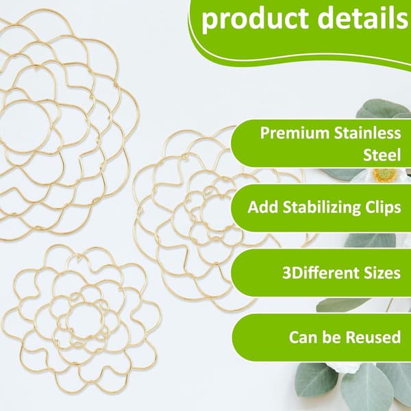Blomsterarrangement gitter sæt, 3-delt buket holdere i rustfrit stål, blomsterformet guld, til vasearrangementer, 4, 5 & 6 tommer
