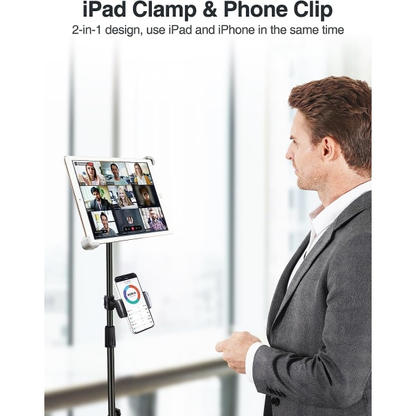 iPad-stativställ, höjdjusterbart iPad-hållarställ & golv iPad-stativ med 360° roterande iPad-stativfäste