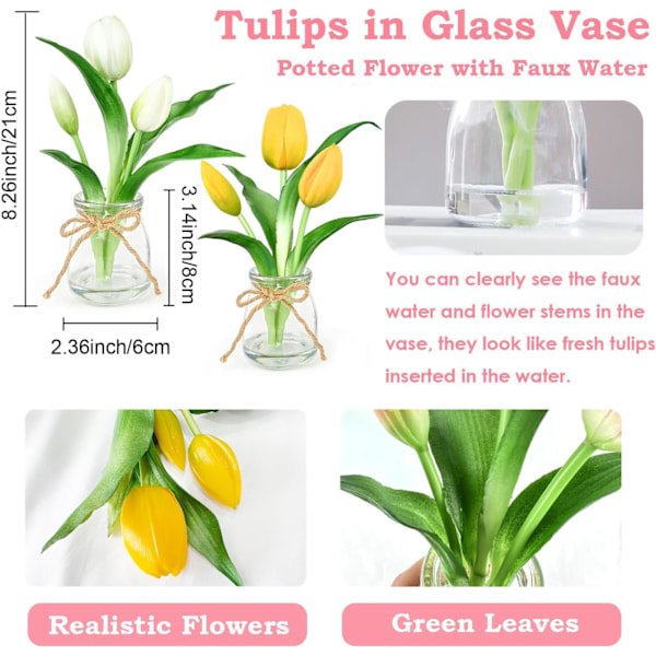 2 Pakke Ægte Touch Tulipaner i Vase med Kunstig Vand, Kunstige Blomster til Hjemmets Midtpunkt White+yellow