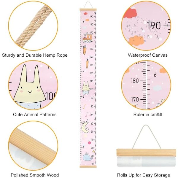 Målebrett for barn, vekstdiagram med kanin-design, veggdekorasjon til rommet pink