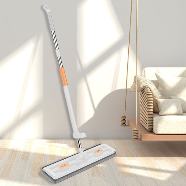 Roterbar Flat Mop-set med Urvridningsfunktion och Återanvändbara Mikrofiberdynor White + 6 rags