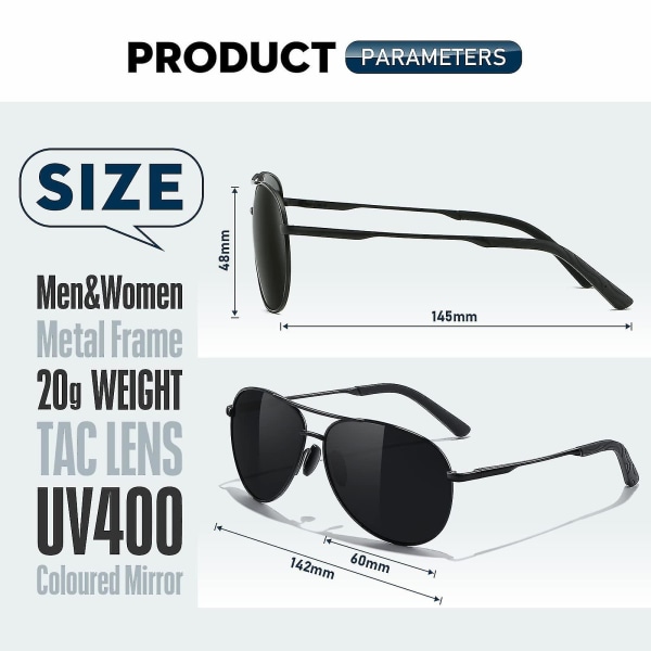 Pilotsolglasögon för män Polariserade solglasögon för män och kvinnor Skydd Klassisk stil Ultralätta glasögon Bländskyddslinser Körning Fiske Sport