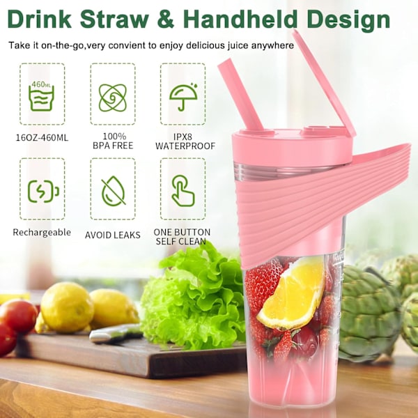 Bærbar blender til shakes og smoothies, 16 oz genopladelig type-C personlig blender, pink Pink