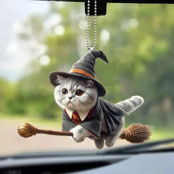 2D Akryl Flat Magic Cat Pendul, Bakspejl Dekoration Pendul, Nøglering Dekoration Vedhæng, Hjem Dekoration Sort