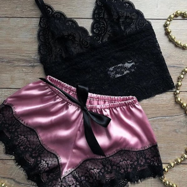 Sexy Pyjamas för Kvinnor 2 Bitar Topp Shorts Set Nattkläder Kläder Spets Pyjamas Underkläder Underkläder Underkläder Lila S