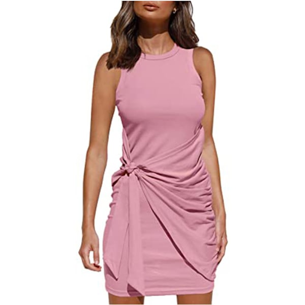 2023 Damer sommar Casual ärmlös strandtankklänning Bodycon Ruched miniklänningar Rosa S Pink S