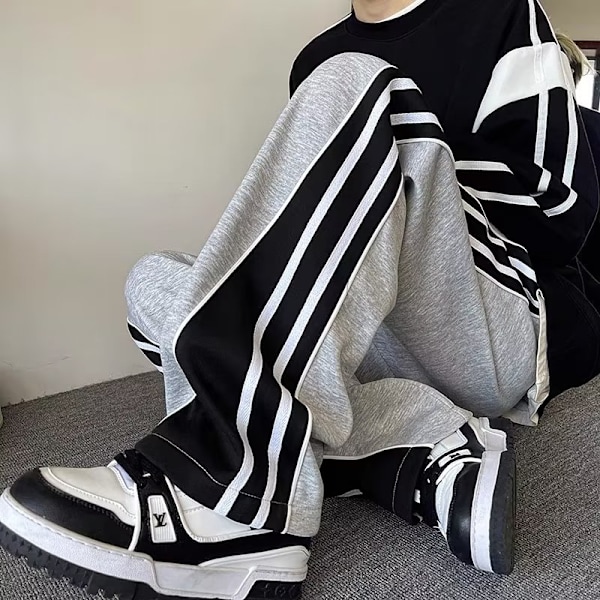 Sweatpants Mænd Efterår Og Vinter Høj Gade Amerikansk Mode Mærke Stribet Syning Sport Bukser Løs Lige Bred Ben Casual Casuale Bukser Grå L