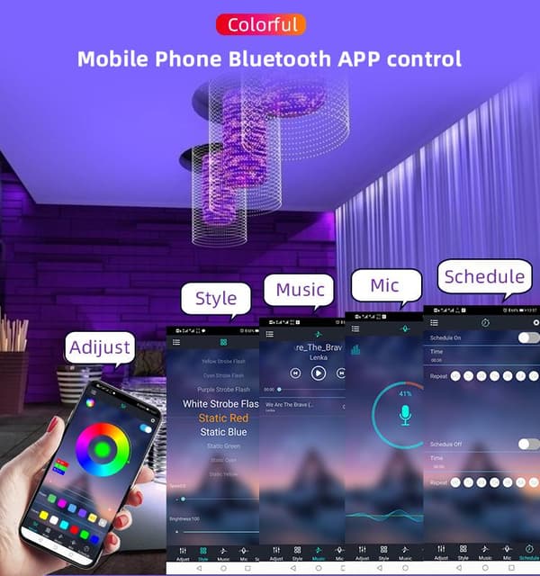 Fleksibel 10m RGB LED-strip / Lysslange / LED-Strip Bluetooth APP Multicolor multifärg
