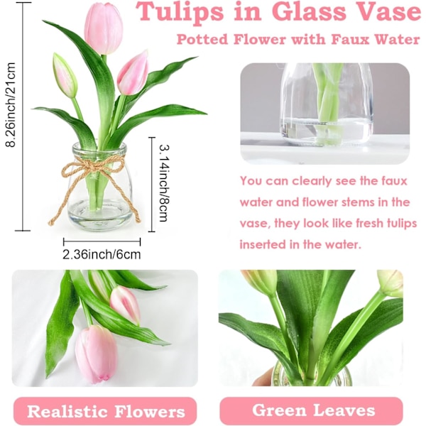 Kunstige Pink Tulipaner i Glasvase med Falsk Vand, Hjemmecenterpiece til Spisestue eller Kontor Light Pink