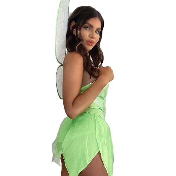 Kvinnors älva Tinker Bell kostymklänning grön alv cosplayklänning med gröna vingar Green M