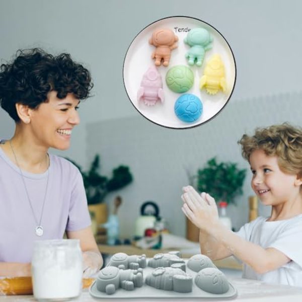 2-pak Astronaut Silikonforme Raket Planet Silikonform, 6 Hulrum Rumtema Bageform Plade DIY Værktøj til Baby S