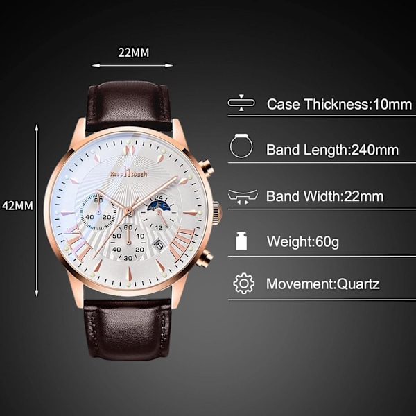 Monitoiminen miesten kello Business Analog Quartz Watch Urheilukronografi Rannekello 3ATM Valoisa kello, Whtie Brown a, L, Ranneke