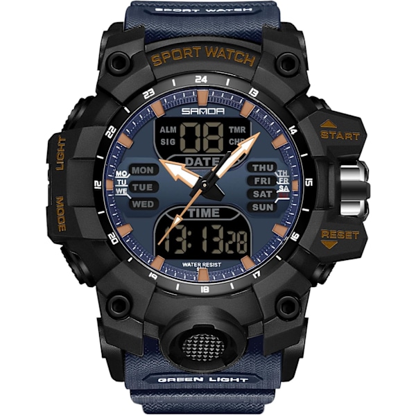 Herrar Sport Armbandsur Multifunktionell Elektronisk Klocka Digital Kvartsur Dubbel Display Klocka för Pojke 50m Vattentät Svart Blå Black blue