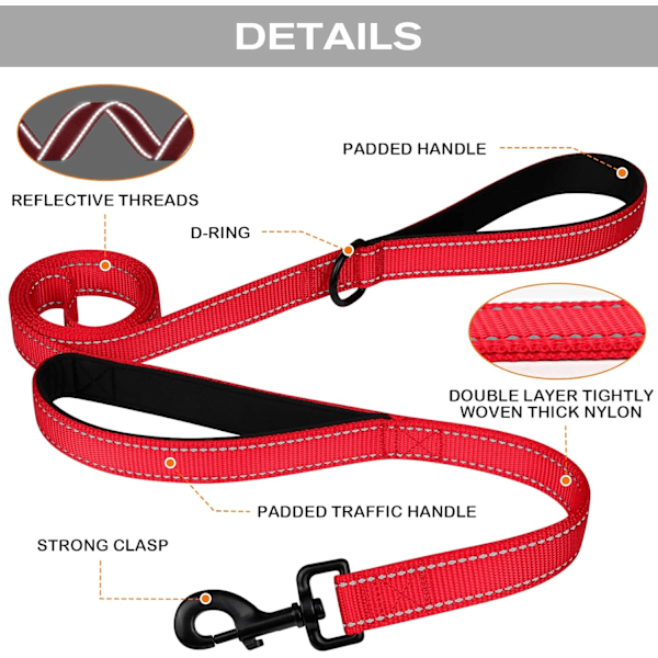 Solid Refleks Hundefører, Dobbelt Håndtak, 4FT Rød for Store Hunder Red 4 ft 2 Handle