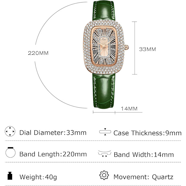 Damklocka med diamanter, analog kvarts, strass, elegant armband, läder, vattentät, grön Green