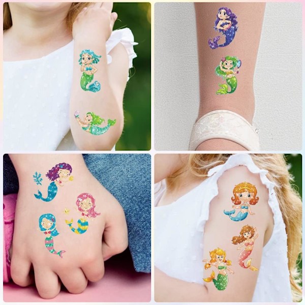 Väliaikaiset tatuoinnit lapsille, 20 kpl merenneito + yksisarvinen glittertatuoinnit, vedenkestävät irrotettavat sarjakuvatatuoinnit tytöille. 20 pc-B