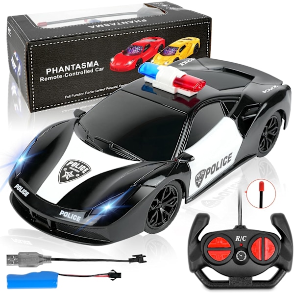 Kauko-ohjattava auto, RC-autolelu poliisiauto kaukosäätimellä, 1:22 RC-leluauto ladattavalla akulla ja poliisivaloilla, lahja lapsille 6+ vuotta aloittelijoille Vanlig svart stil