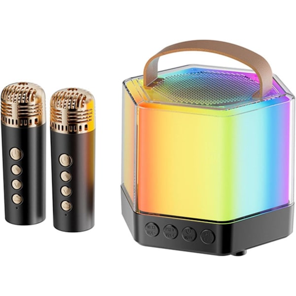 Bærbar Karaoke-maskin | LED-høyttaler med 2 trådløse mikrofoner for fester Black