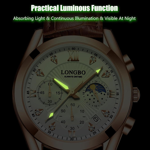 Herrarmbandsklocka Elegant Diamant Chronograf Läder Armband Vit Kaffe White coffee