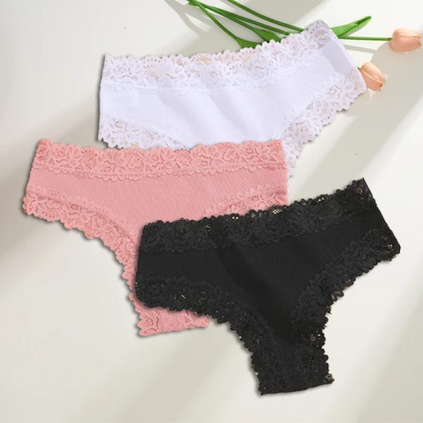 3st/ set Bomull brasilianska underkläder för kvinnor Sexiga spetsribbade blomstringtrosor Kvinnliga Andas Solid T-back Bikini S-XL SET 1 S