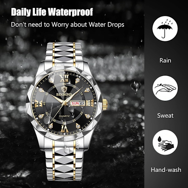 Herrar Elegant Kvarts Armbandsur Klassisk Rostfritt Stål Herrklockor Diamant Vattentät Klocka Multifunktionell Affärsklockor för Män Guld Svart A Gold Black A