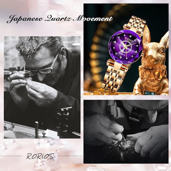 Damklocka Analog Kvartsur med Rostfritt Stål Armband Vattentät Damklocka Mode Rhinestone Armbandsur för Dam Flickor Lila Purple