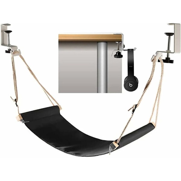 Uppgraderad krok svart 65x17cm justerbar benhängmatteskrivbordsstativ med bärbart justerbart hörlursstativ, för hemmakök,