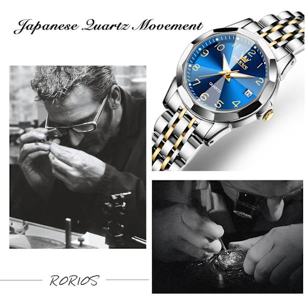 Damer Klassisk Armbåndsur i Rustfritt Stål Elegant Analog Kvartsur Vannresistent Klokker Lysende Dato Kalender Klokker Blå Blue